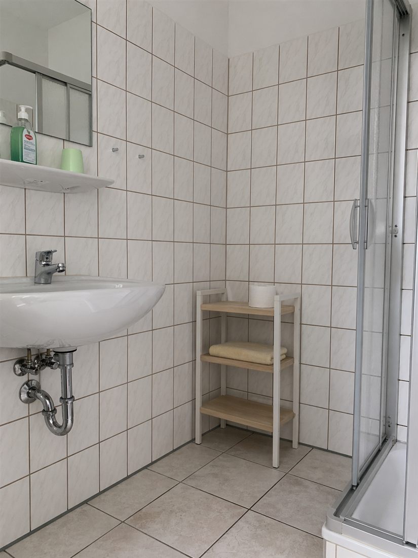 Bad mit Dusche, Waschbecken und modernem Regal