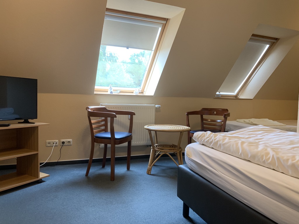 Dachzimmer mit Sitzgelegenheit und TV
