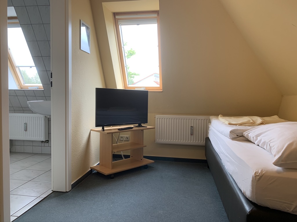 Zimmer mit TV und Blick zum Badezimmer